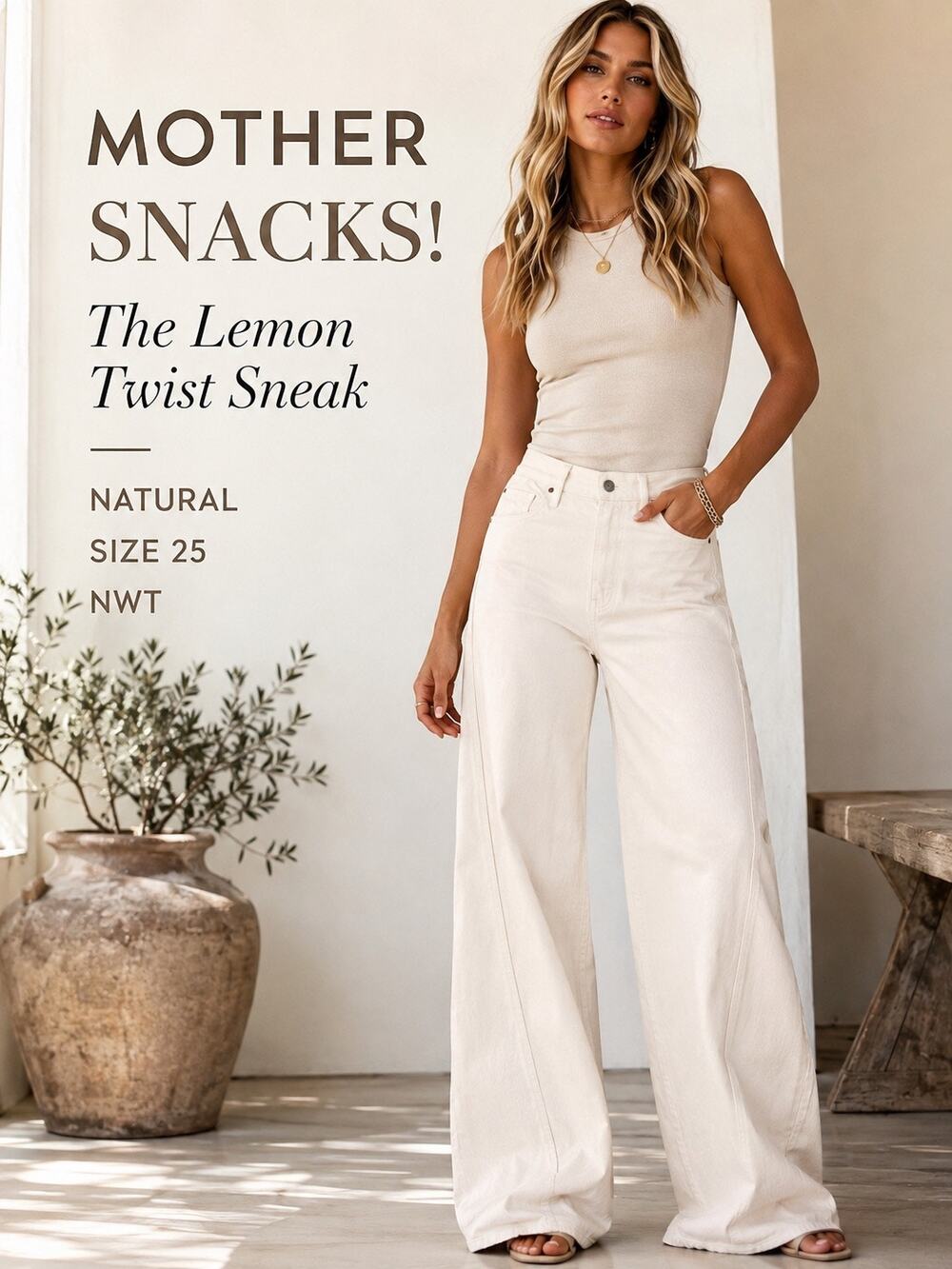 MOTHER SNACKS! The Lemon Twist Sneak Jeans Natural Wide Leg Size 25 Luxe NWT